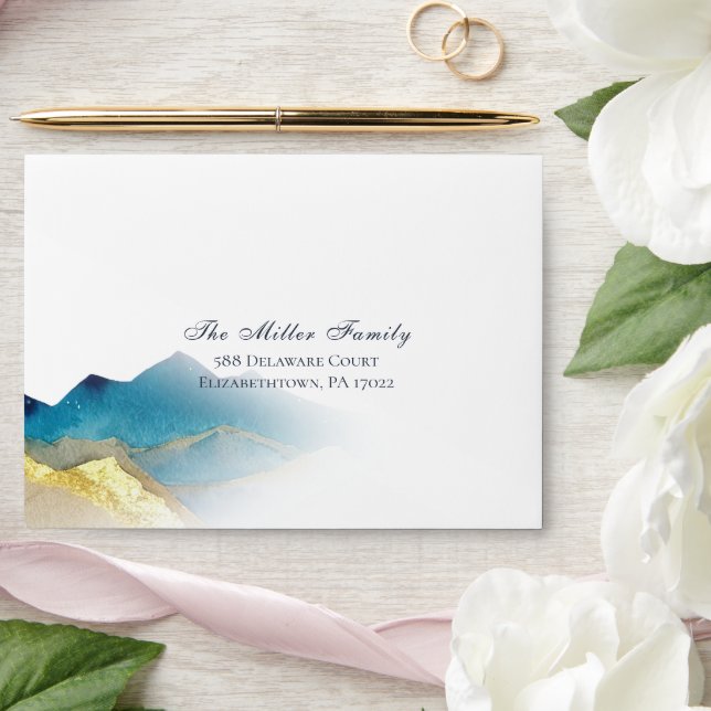 Elegant Watercolor Blue Gold Foil Mountain Wedding Envelope (Wedding)