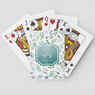 Elegant Watercolor Blue Green Leaves Foliage Playing Cards