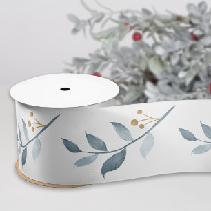 Elegant Watercolor Blue Greenery Satin Ribbon