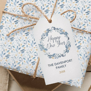 Elegant Watercolor Blue Greenery Wreath Holiday Gift Tags