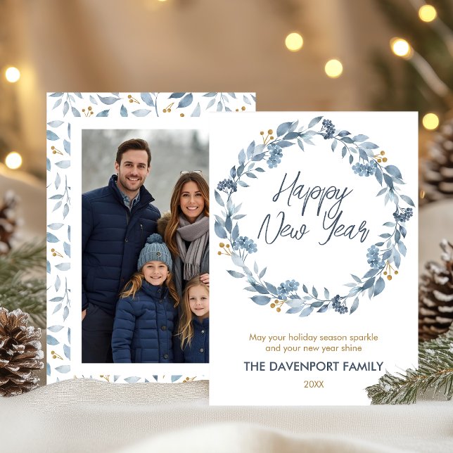 Elegant Watercolor Blue Greenery Wreath Photo Holiday Card (Creator Uploaded)