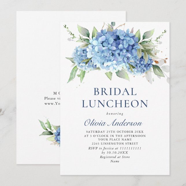 Elegant Watercolor Blue Hydrangea BRIDAL LUNCHEON Invitation (Front/Back)