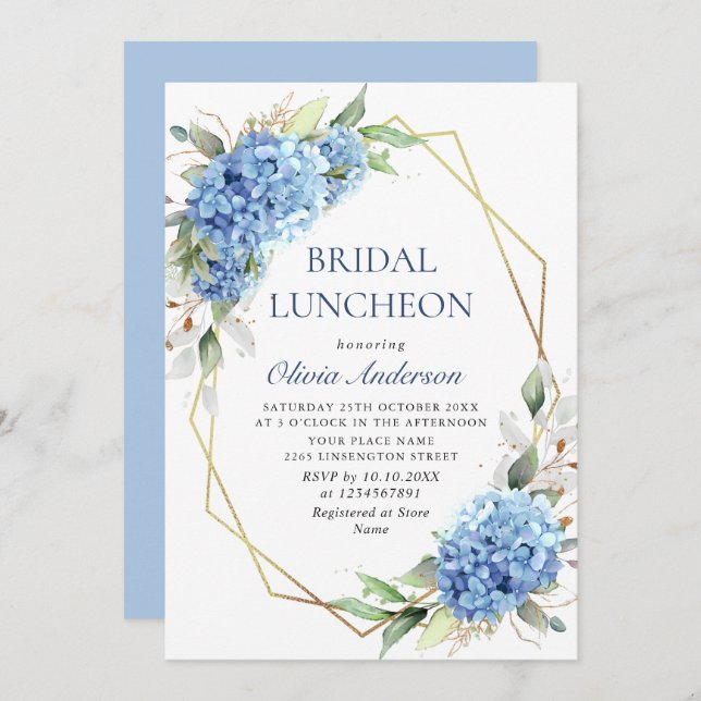 Elegant Watercolor Blue Hydrangea BRIDAL LUNCHEON Invitation (Front/Back)