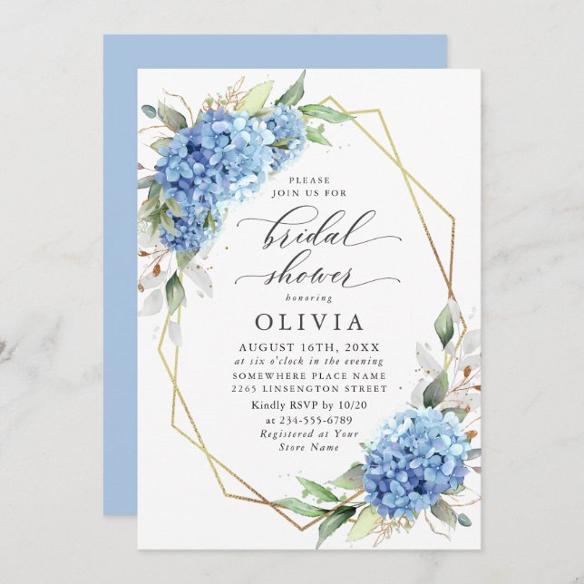 Elegant Watercolor Blue Hydrangea BRIDAL SHOWER Invitation (Front/Back)