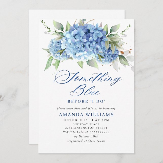Elegant Watercolor Blue Hydrangea BRIDAL SHOWER Invitation (Front/Back)