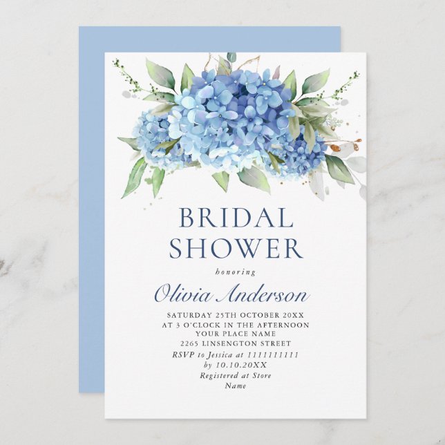 Elegant Watercolor Blue Hydrangea BRIDAL SHOWER Invitation (Front/Back)