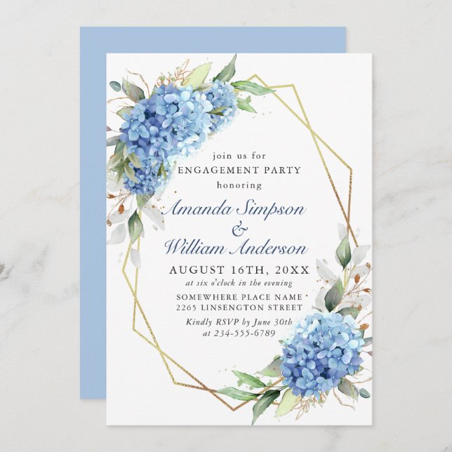 Elegant Watercolor Blue Hydrangea ENGAGEMENT PARTY Invitation (Front/Back)