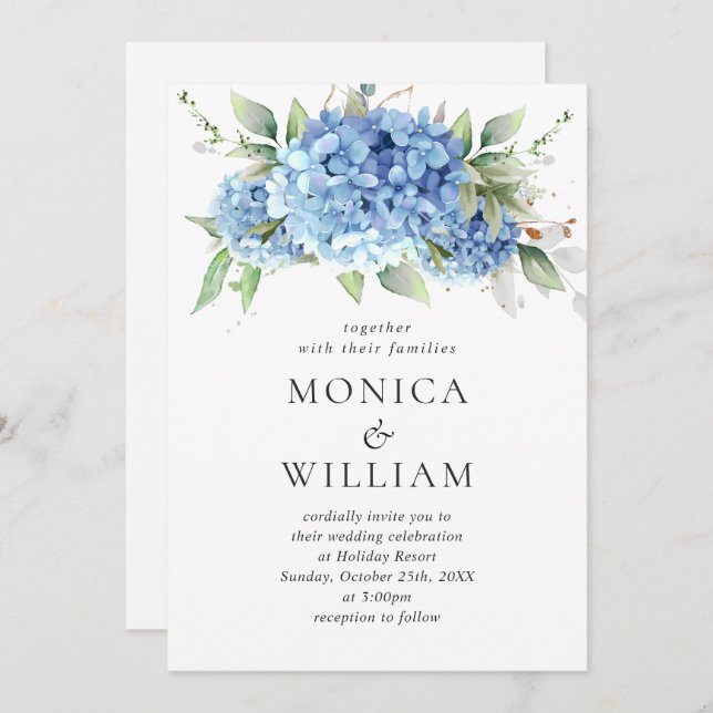 Elegant Watercolor Blue Hydrangea Floral Wedding Invitation (Front/Back)