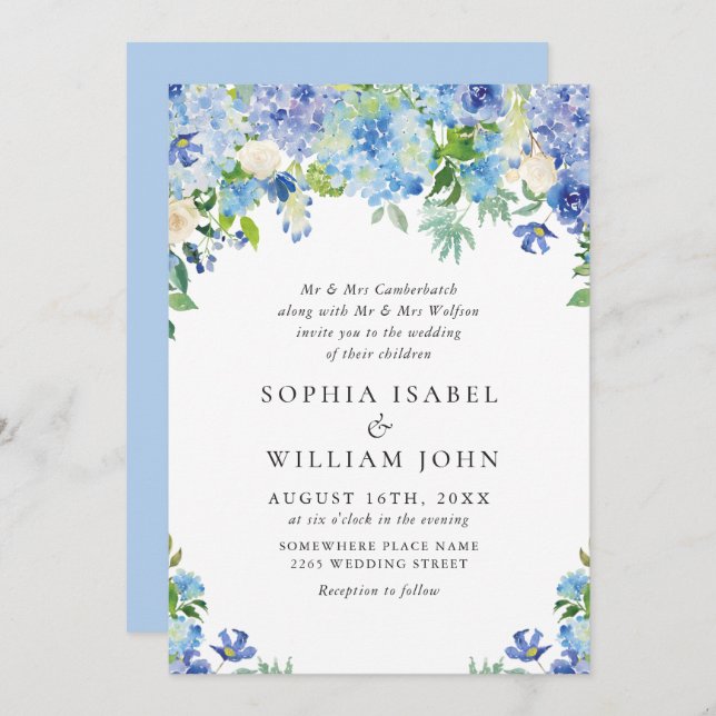 Elegant Watercolor Blue Hydrangea Floral Wedding Invitation (Front/Back)