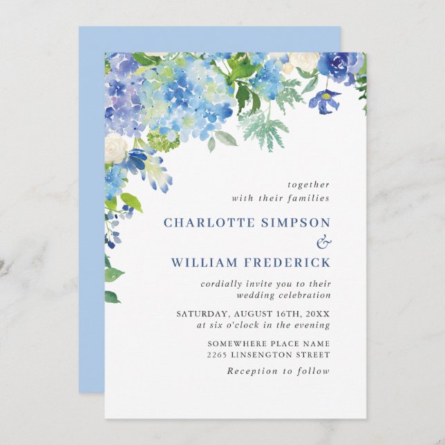 Elegant Watercolor Blue Hydrangea Floral Wedding Invitation (Front/Back)