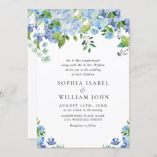 Elegant Watercolor Blue Hydrangea Floral Wedding Invitation