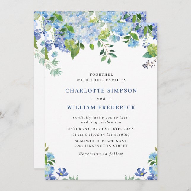 Elegant Watercolor Blue Hydrangea Floral Wedding Invitation (Front/Back)
