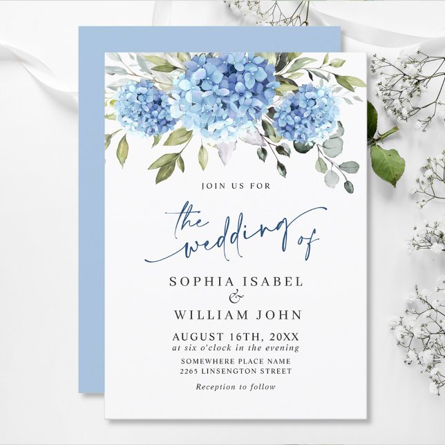 Elegant Watercolor Blue Hydrangea Floral Wedding Invitation (Creator Uploaded)