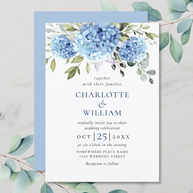 Elegant Watercolor Blue Hydrangea Floral Wedding Invitation (Creator Uploaded)