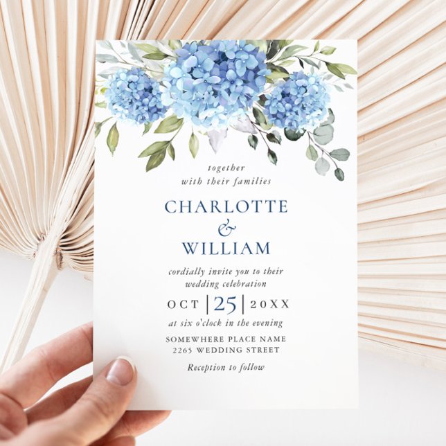 Elegant Watercolor Blue Hydrangea Floral Wedding Invitation (Creator Uploaded)