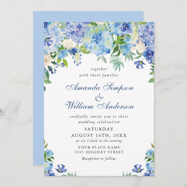 Elegant Watercolor Blue Hydrangea Floral Wedding Invitation (Front/Back)