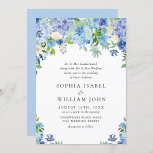 Elegant Watercolor Blue Hydrangea Floral Wedding Invitation