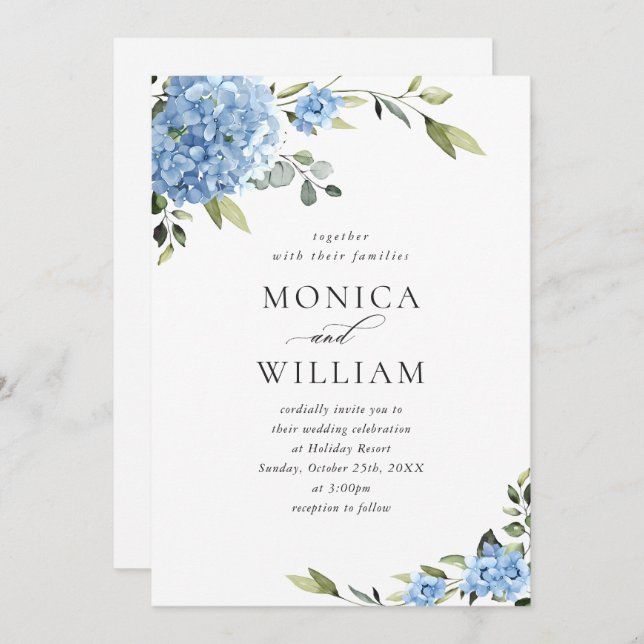 Elegant Watercolor Blue Hydrangea Floral Wedding Invitation (Front/Back)