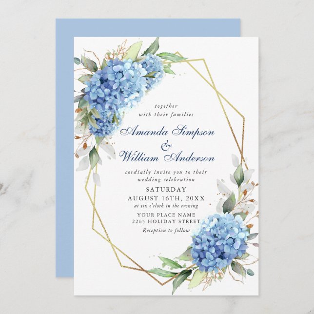 Elegant Watercolor Blue Hydrangea Floral Wedding Invitation (Front/Back)