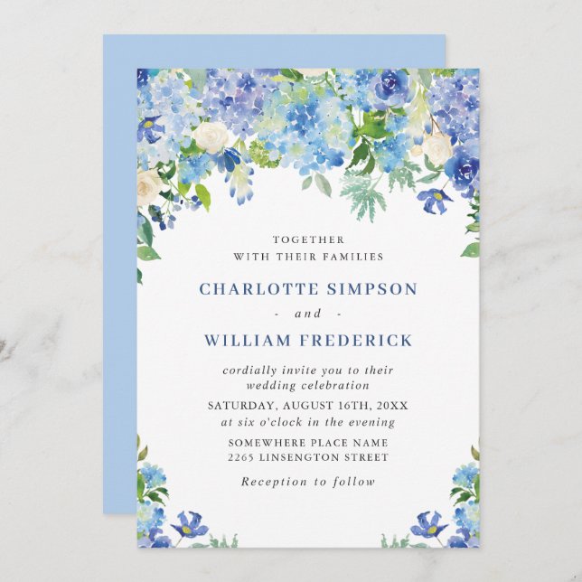 Elegant Watercolor Blue Hydrangea Floral Wedding Invitation (Front/Back)
