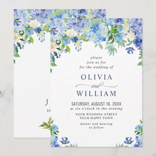 Elegant Watercolor Blue Hydrangea Floral Wedding Invitation (Front/Back)