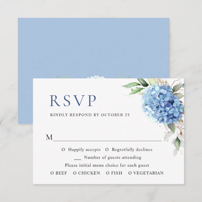 Elegant Watercolor Blue Hydrangea Floral Wedding RSVP Card (Front/Back)