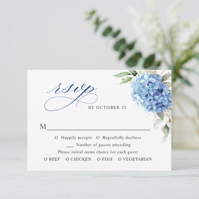 Elegant Watercolor Blue Hydrangea Floral Wedding RSVP Card (Standing Front)