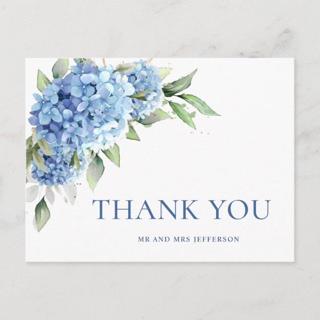 Elegant Watercolor Blue Hydrangea Flower Thank You Postcard (Front)