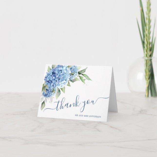 Elegant Watercolor Blue Hydrangea Flowers Simple  Thank You Card (Front)