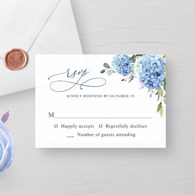 Elegant Watercolor Blue Hydrangea  Flowers Wedding RSVP Card (Creator Uploaded)