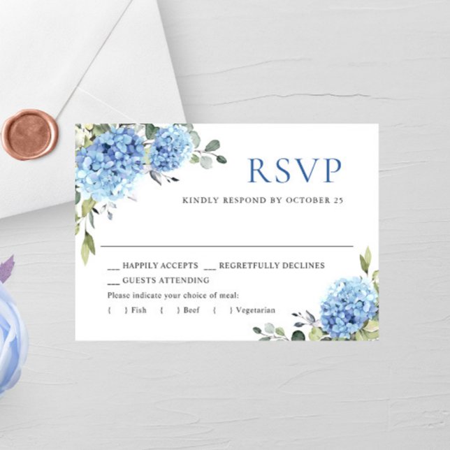 Elegant Watercolor Blue Hydrangea  Flowers Wedding RSVP Card (Creator Uploaded)