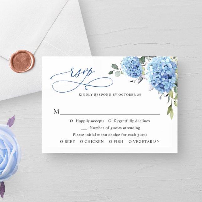 Elegant Watercolor Blue Hydrangea  Flowers Wedding RSVP Card (Creator Uploaded)