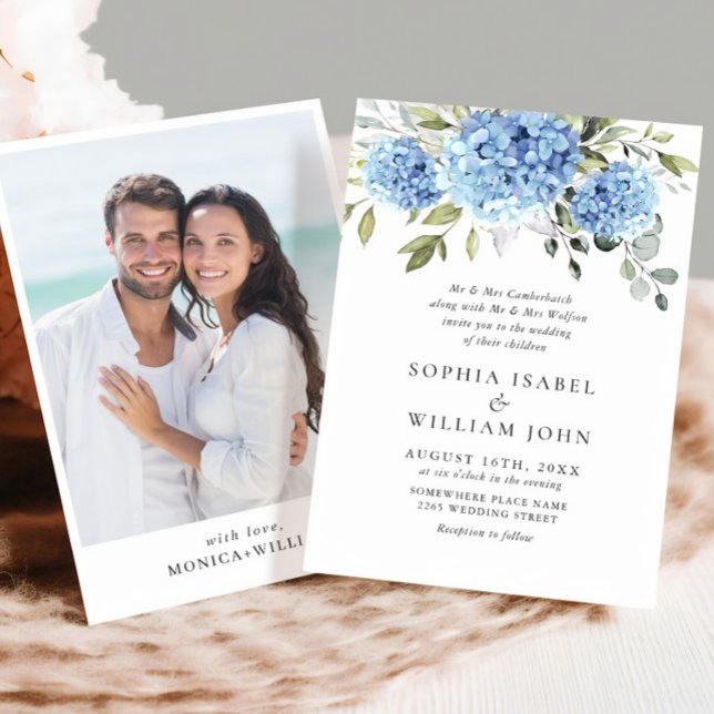 Elegant Watercolor Blue Hydrangea Photo Wedding Invitation (Creator Uploaded)