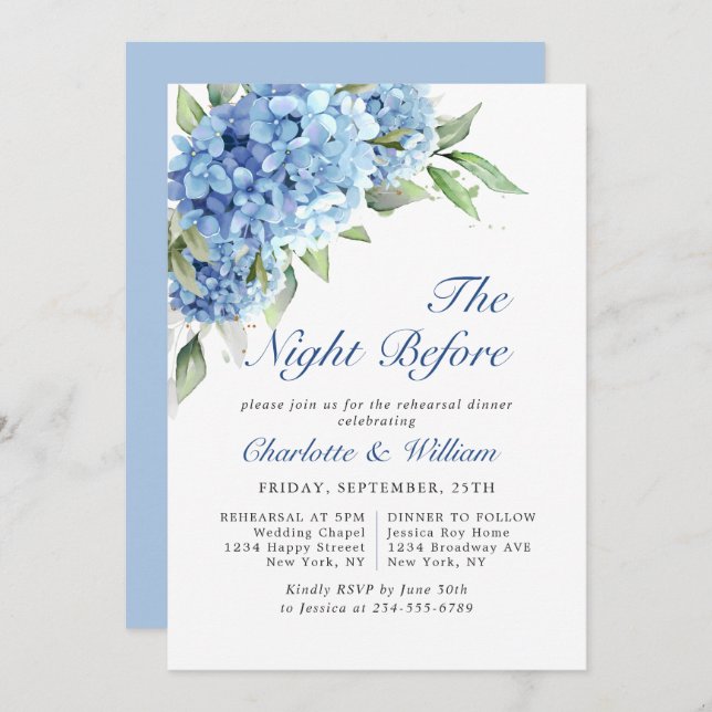 Elegant Watercolor Blue Hydrangea Rehearsal Dinner Invitation (Front/Back)