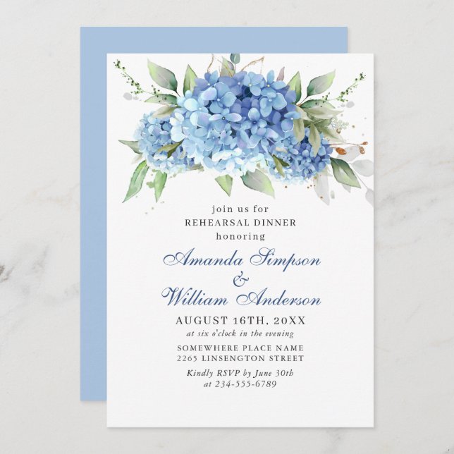 Elegant Watercolor Blue Hydrangea Rehearsal Dinner Invitation (Front/Back)