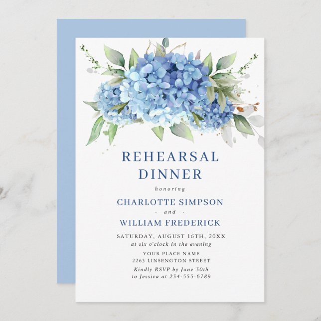 Elegant Watercolor Blue Hydrangea Rehearsal Dinner Invitation (Front/Back)