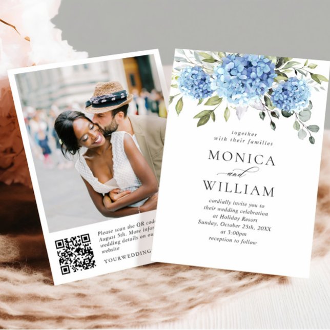 Elegant Watercolor Blue Hydrangea Wedding QR code Invitation (Creator Uploaded)