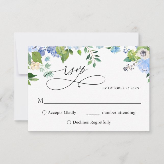 Elegant Watercolor Blue Hydrangea Wedding RSVP Card (Front)