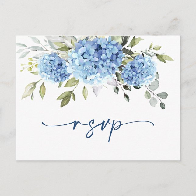 Elegant Watercolor Blue Hydrangea Wedding RSVP Postcard (Front)