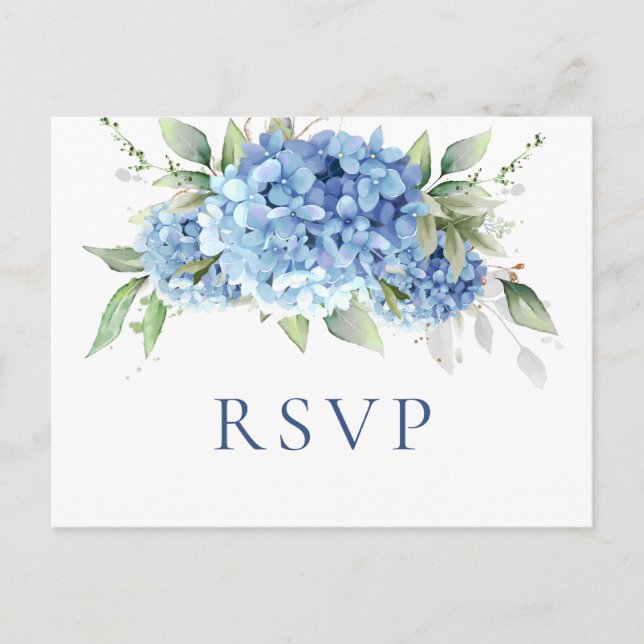 Elegant Watercolor Blue Hydrangea Wedding RSVP Postcard (Front)