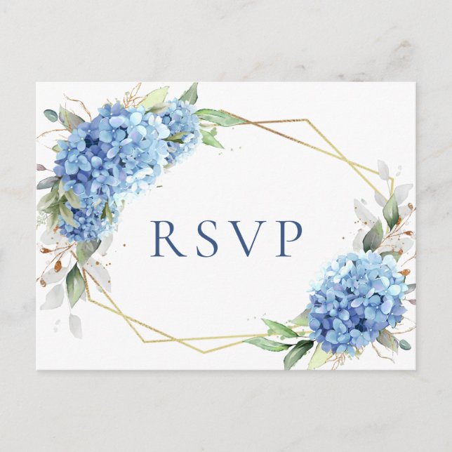 Elegant Watercolor Blue Hydrangea Wedding RSVP Postcard (Front)