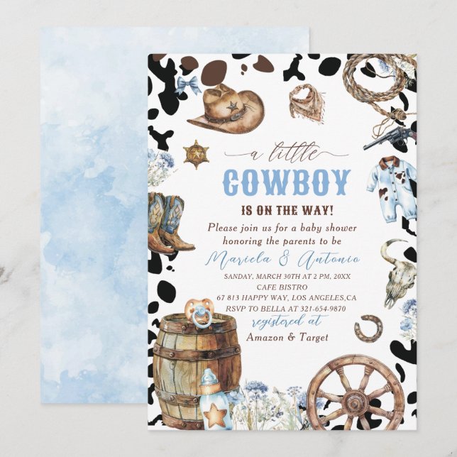 Elegant  Watercolor Blue Little Cowboy Baby Shower Invitation (Front/Back)