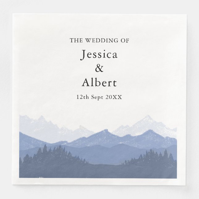 Elegant Watercolor Blue Mountain Wedding Party Napkin (Front)