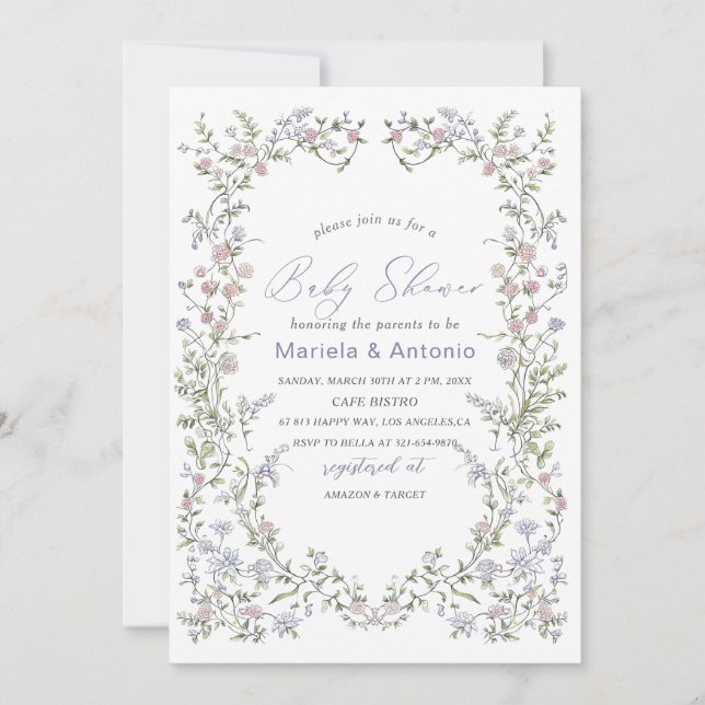 Elegant  Watercolor Blue pink flowers  Baby Shower Invitation (Front)