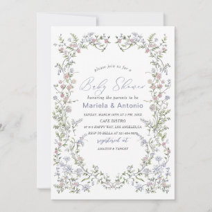 Elegant  Watercolor Blue pink flowers  Baby Shower Invitation