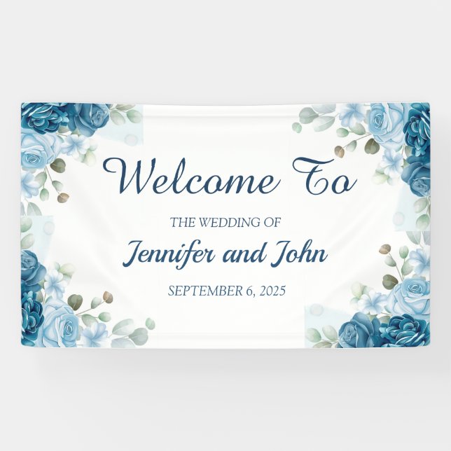Elegant Watercolor Blue Roses Floral Wedding Banner (Horizontal)