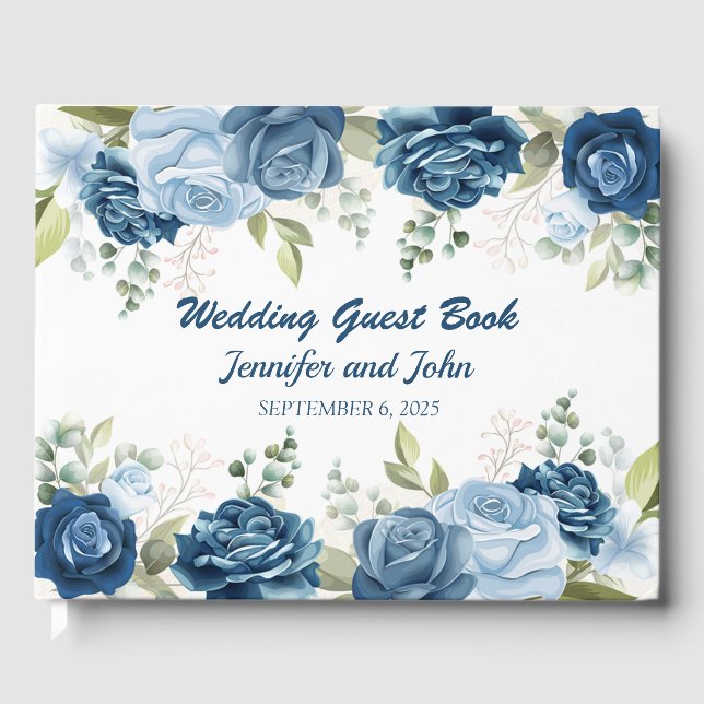 Elegant Watercolor Blue Roses Floral Wedding Guest Book (Front)