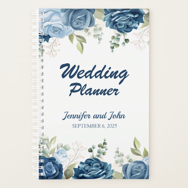 Elegant Watercolor Blue Roses Floral Wedding Planner (Front)
