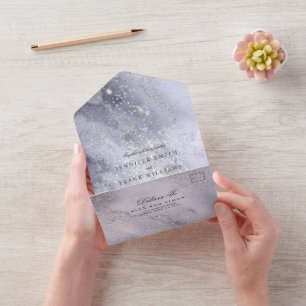 Elegant Watercolor Blue Silver Glitter All In One Invitation