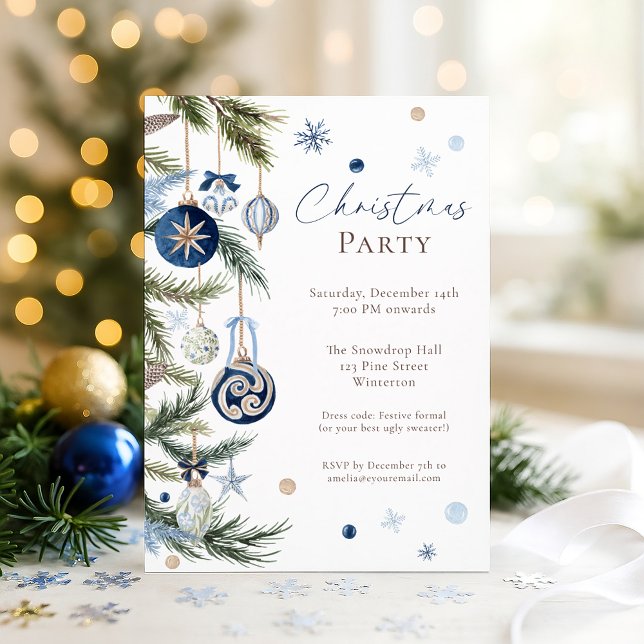 Elegant Watercolor Blue White Christmas Ornament Invitation (Creator Uploaded)